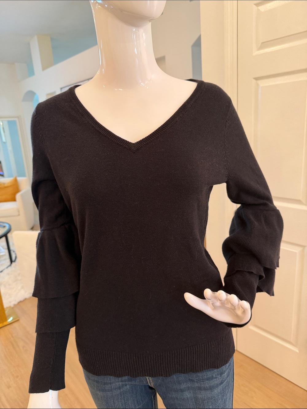 Women's Black V-Neck Sweater with Ruffle Sleeves
